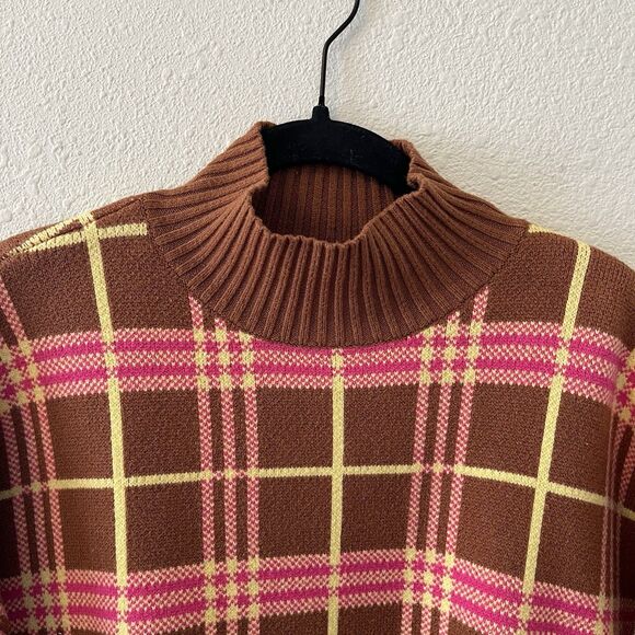 Lisa Says Gah Sweater Size XS/SM Brown Plaid Turtleneck Boxy Retro 70's Twee - Picture 3 of 11
